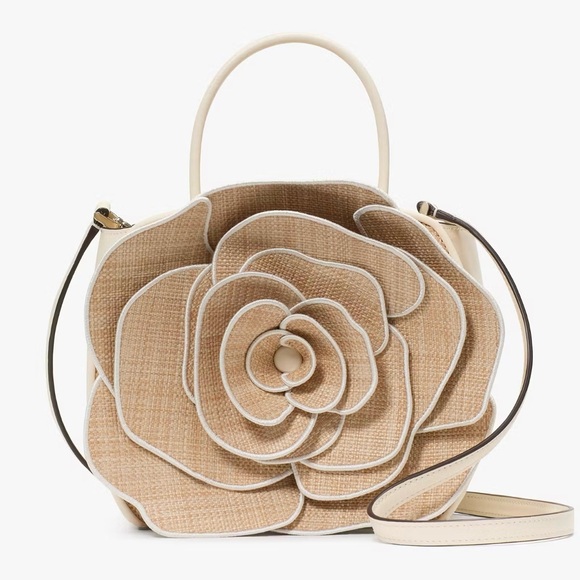 Kate Spade New York Flora Rose Straw Crossbody Novelty 3D Rose